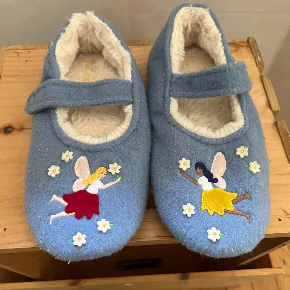 Mini Boden Girls Size 5 Blue Felt Fairy Design Faux Fur Lined Mary Jane Slippers